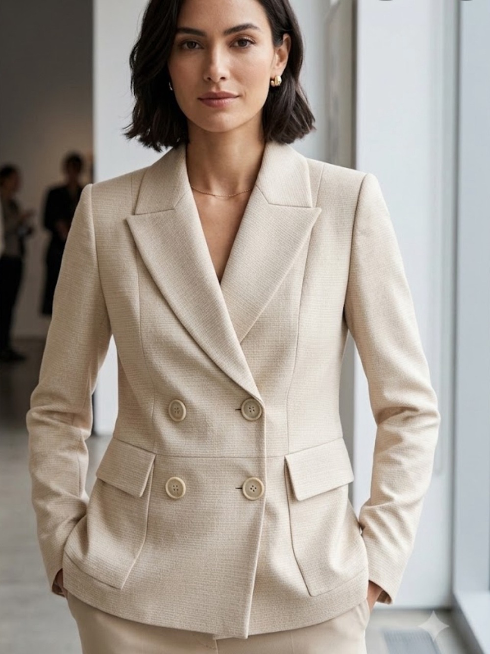 Elie Tahari Cream Double-Breasted Textured Blazer